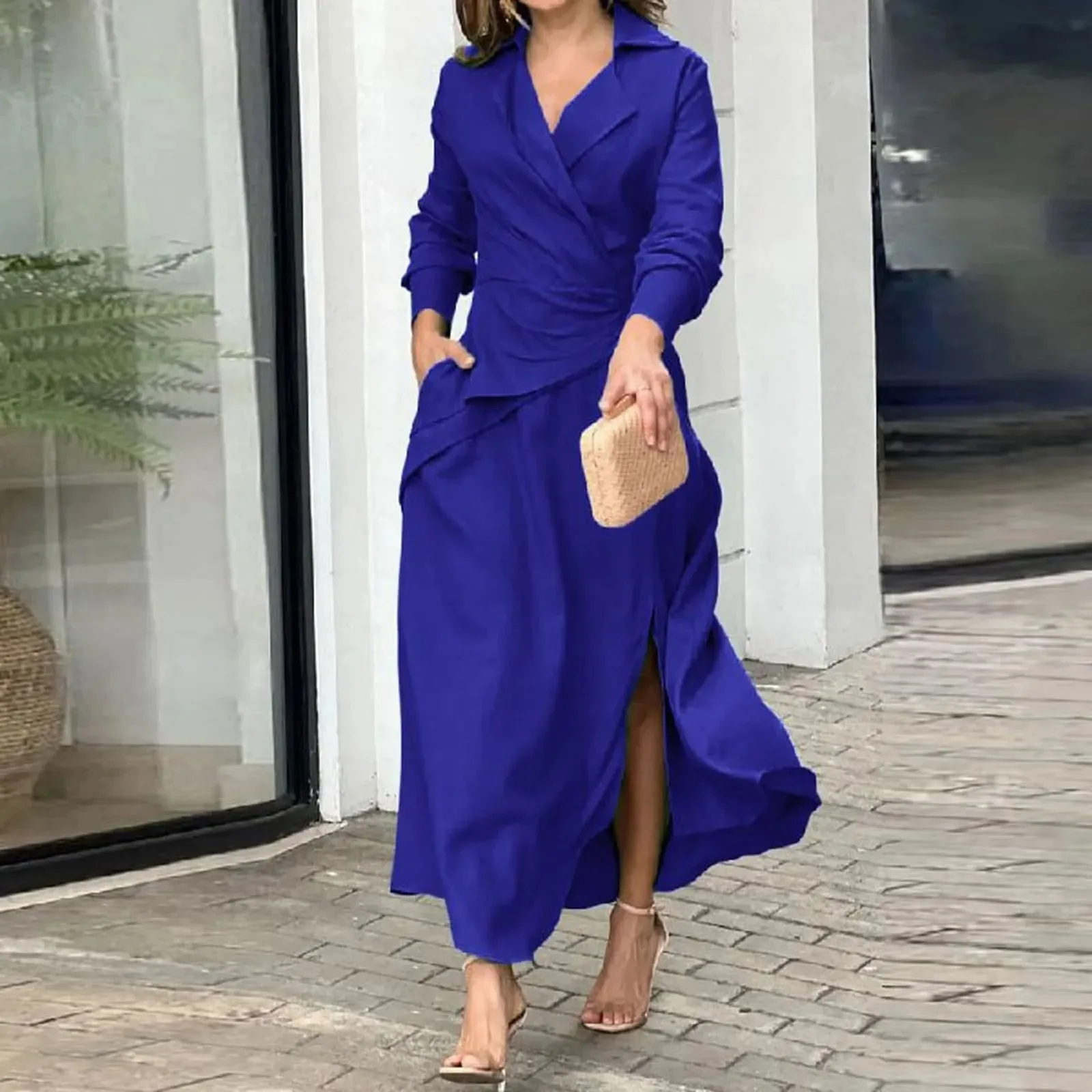 Shirt Office Sundress Solid Color Maxi Long Sleeve Lapel Neck Casual Elegant Dress