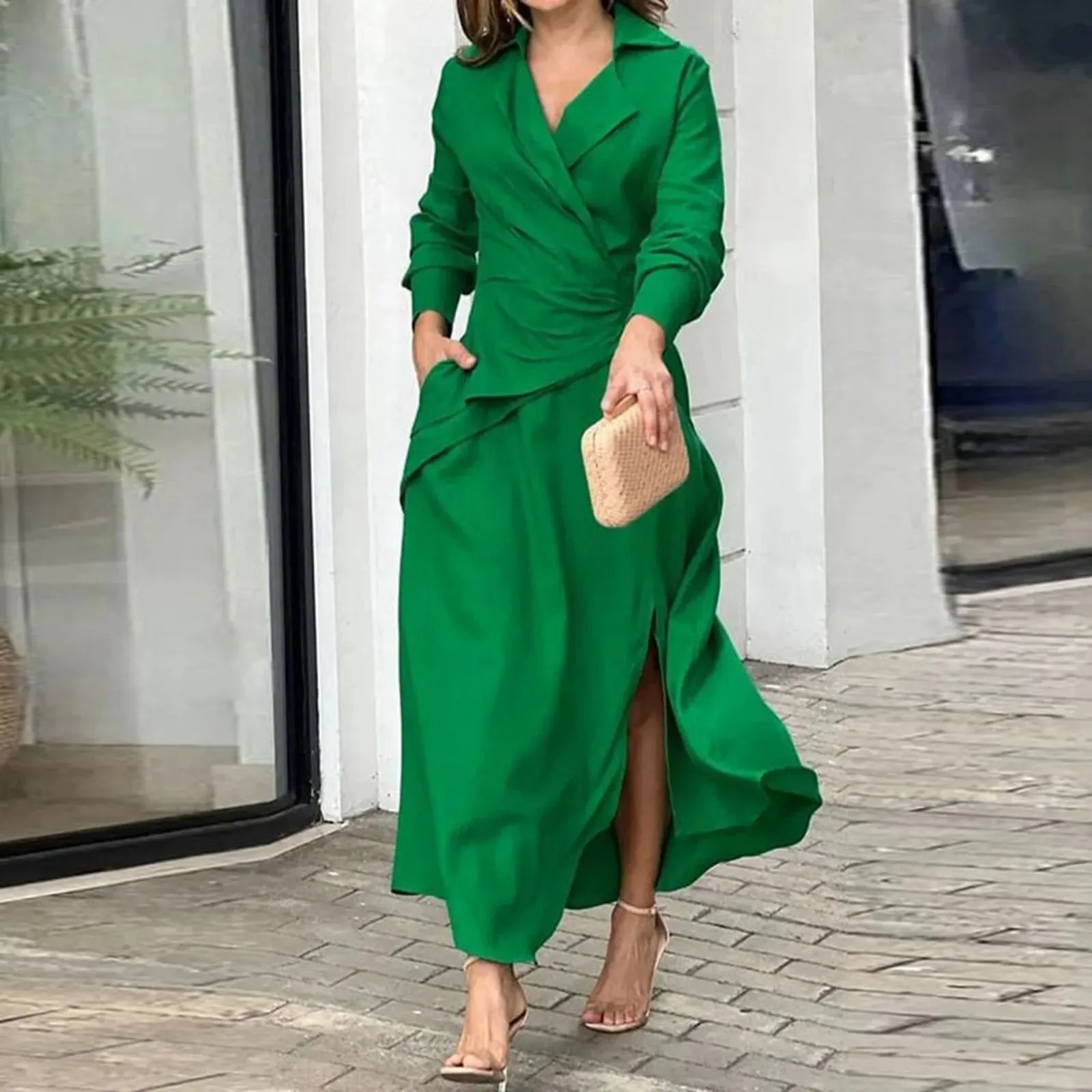 Shirt Office Sundress Solid Color Maxi Long Sleeve Lapel Neck Casual Elegant Dress