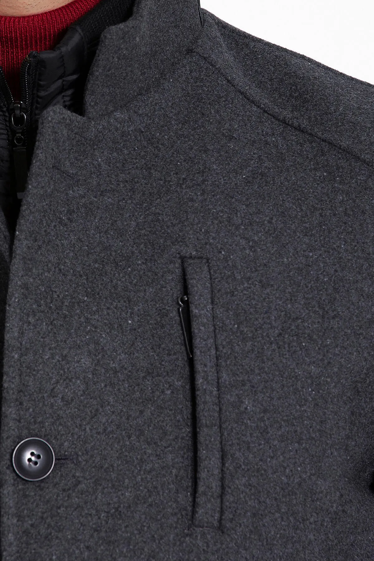 Slim Fit Stand Collar Textured Dark Gray Wool Blend Overcoat