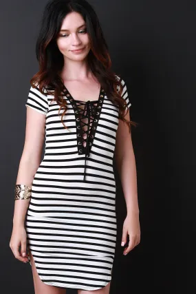 Striped Deep V Lace Up Tee Shirt Dress