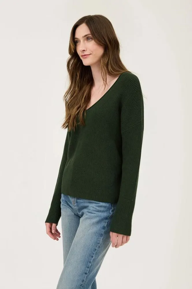 V Neck LS Ribbed Sweater in Hunter Green by Blu Pepper