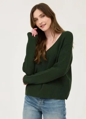 V Neck LS Ribbed Sweater in Hunter Green by Blu Pepper