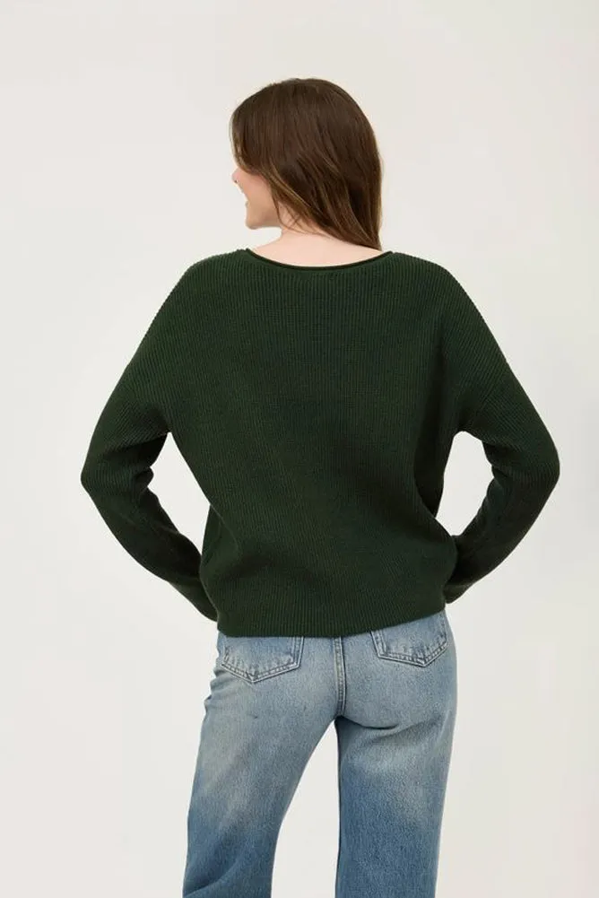 V Neck LS Ribbed Sweater in Hunter Green by Blu Pepper