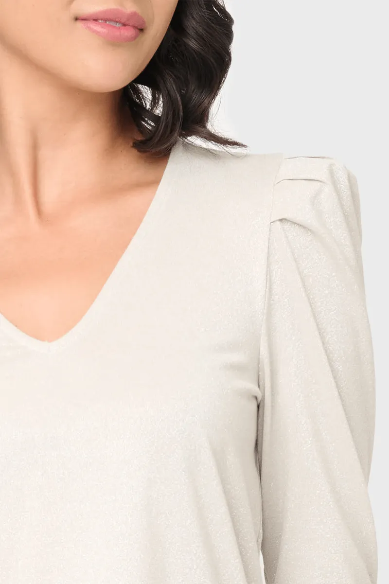 V-Neck Pleat Shoulder Lurex Knit Top