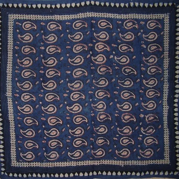 Veggie Dye Block Print Paisley Scarf Light Cotton 42 x 42 Indigo