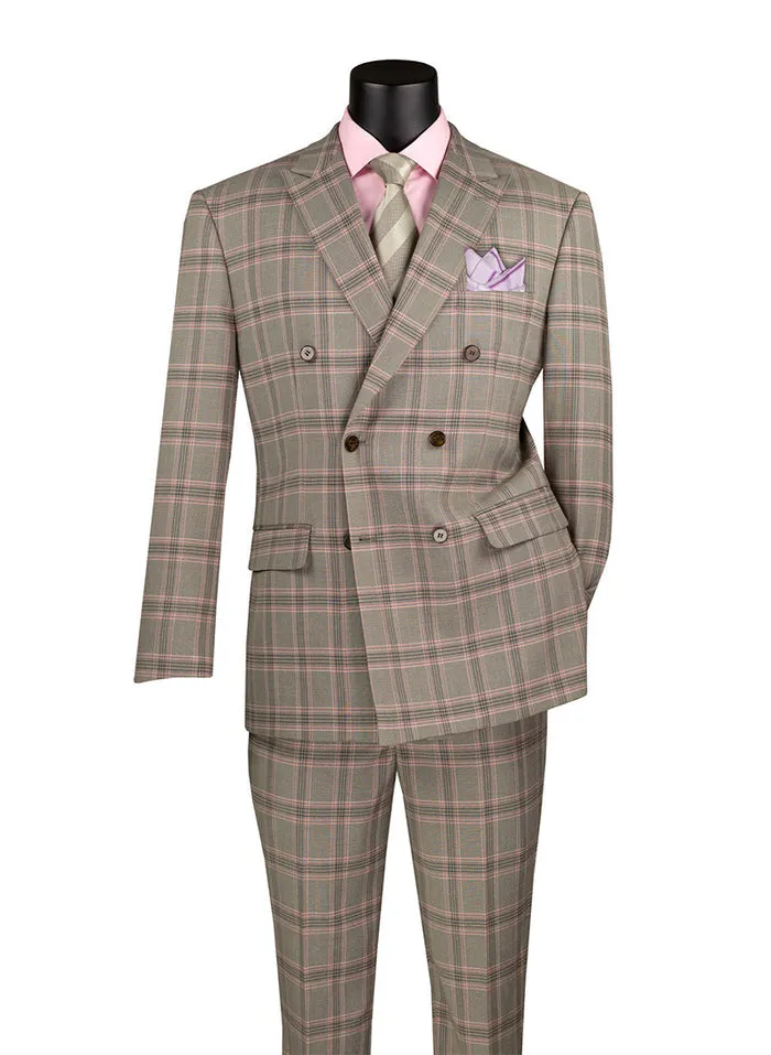 Vinci Modern Fit Double Breasted Glen Plaid Peak Lapel 2 Piece Suit Light Taupe MDW-2