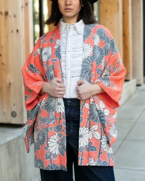 Vintage Haori Jacket, Full Shibori, Orange with White and Gray Daisies