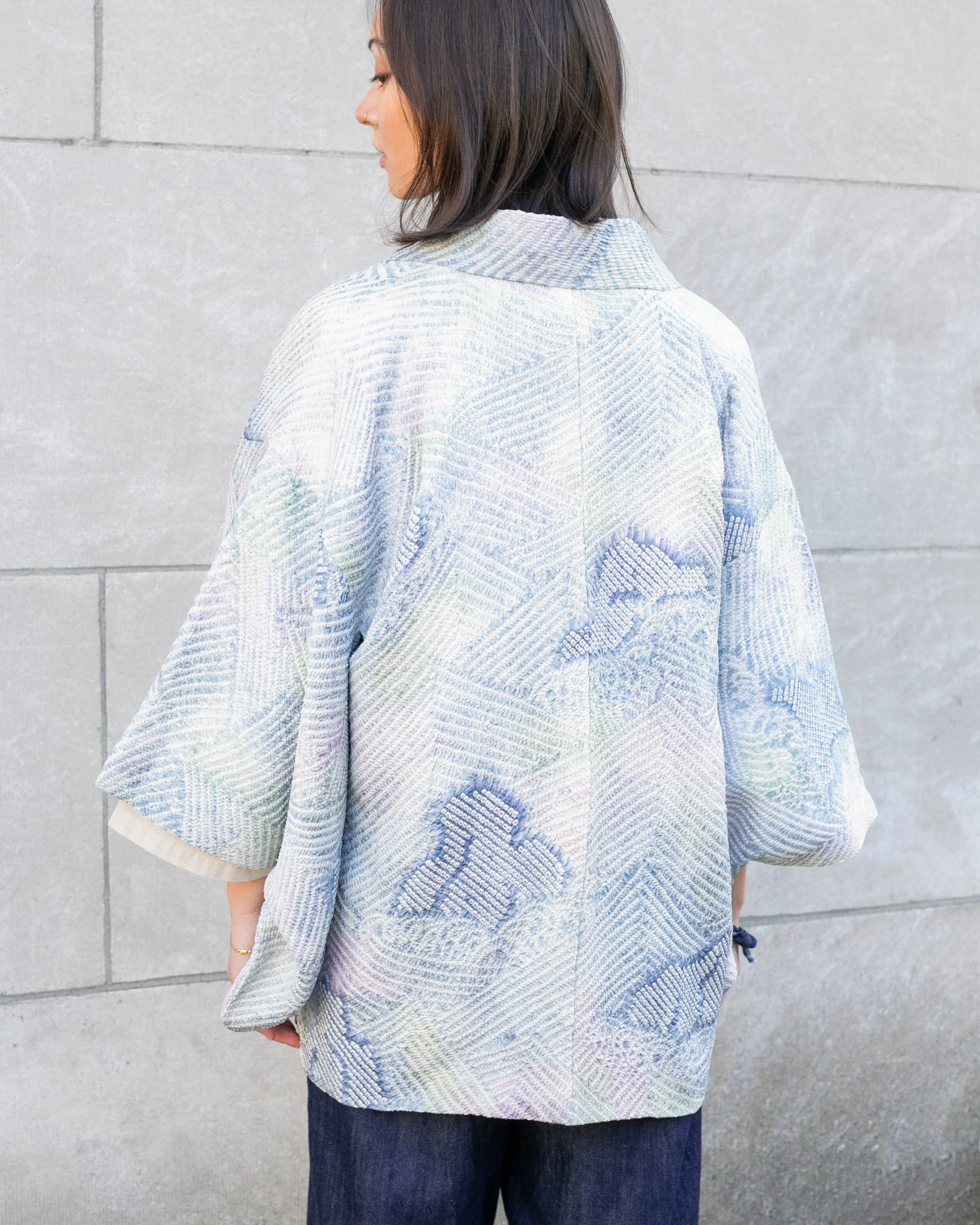 Vintage Haori Jacket, Full Shibori, Pale Blue Abstract Mountains