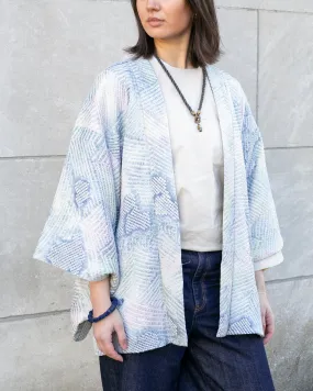 Vintage Haori Jacket, Full Shibori, Pale Blue Abstract Mountains