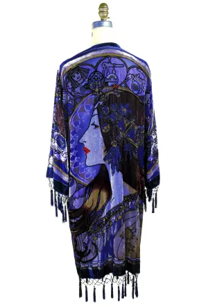 Vintage Velvet Art Nouveau Beaded Fringe Scarf Coat - Mucha Gypsy Fortuneteller - Cobalt Blue