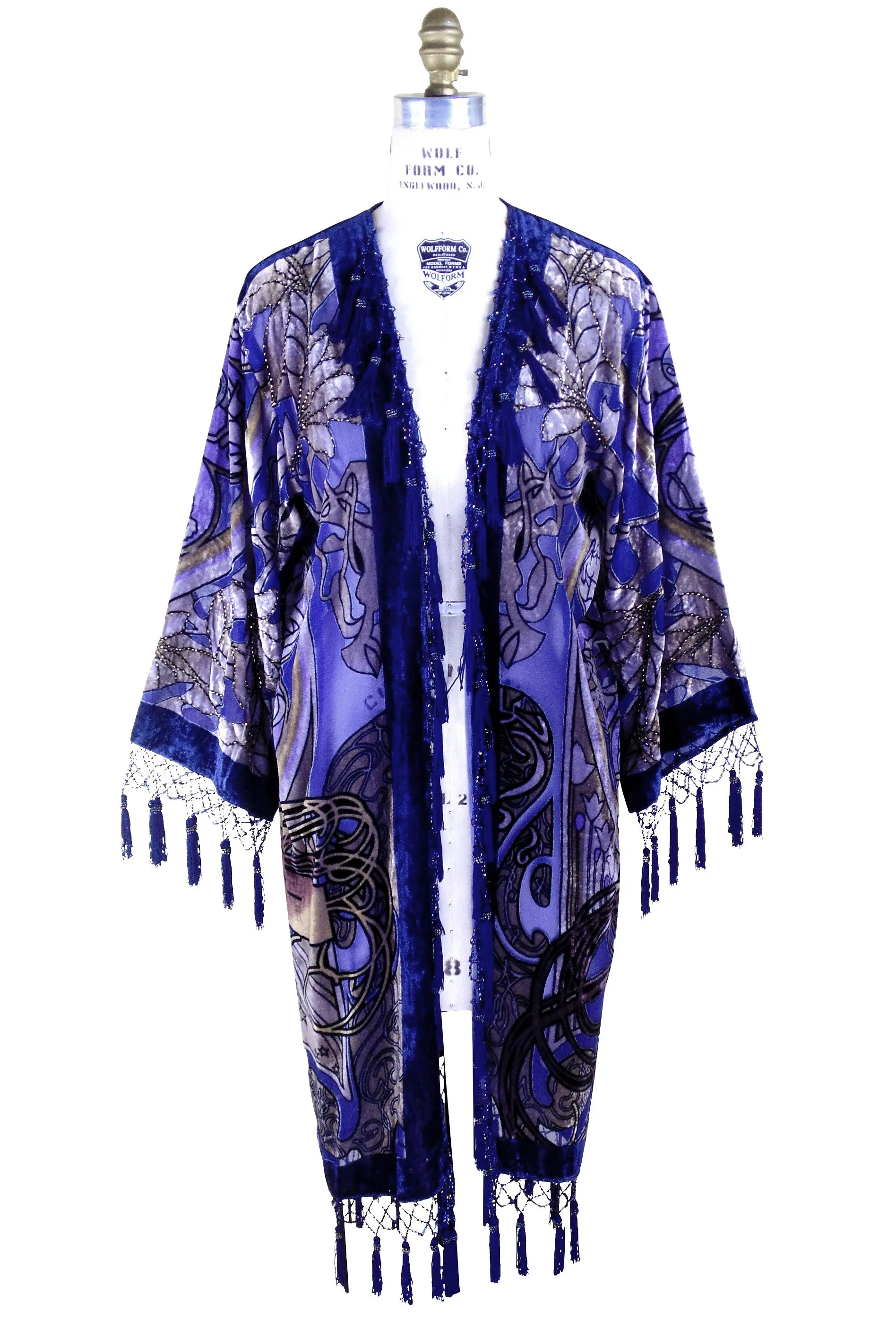 Vintage Velvet Art Nouveau Beaded Fringe Scarf Coat - Mucha Gypsy Fortuneteller - Cobalt Blue