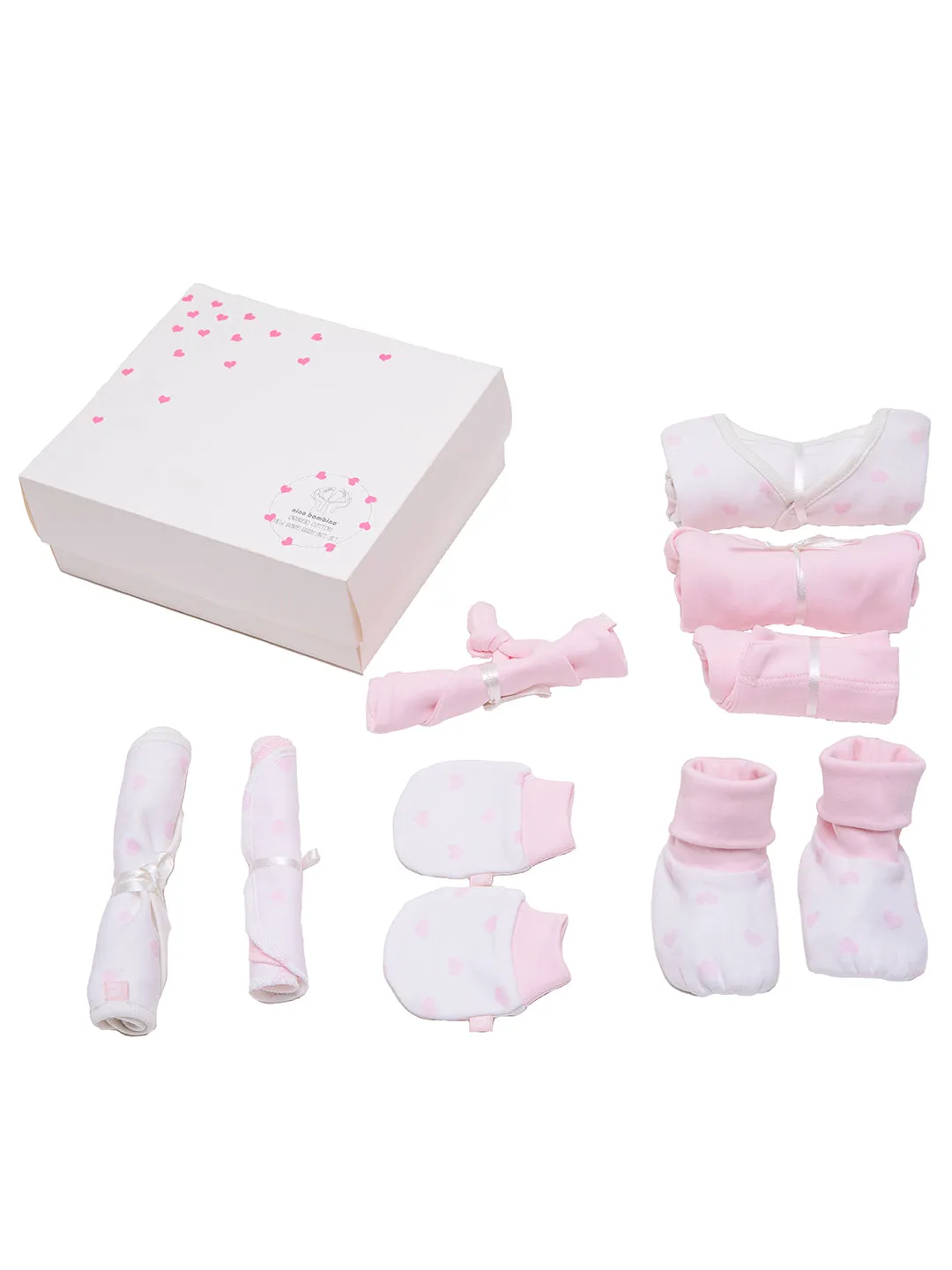 White & Pink Print Essentials Gift Sets (Pack Of 8) For Newborn Baby Girls