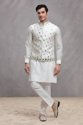 White Chanderi Silk Koti Kurta with Mirror Work