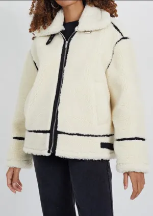 Winter White Faux Shearling Fur Aviator Style Jacket