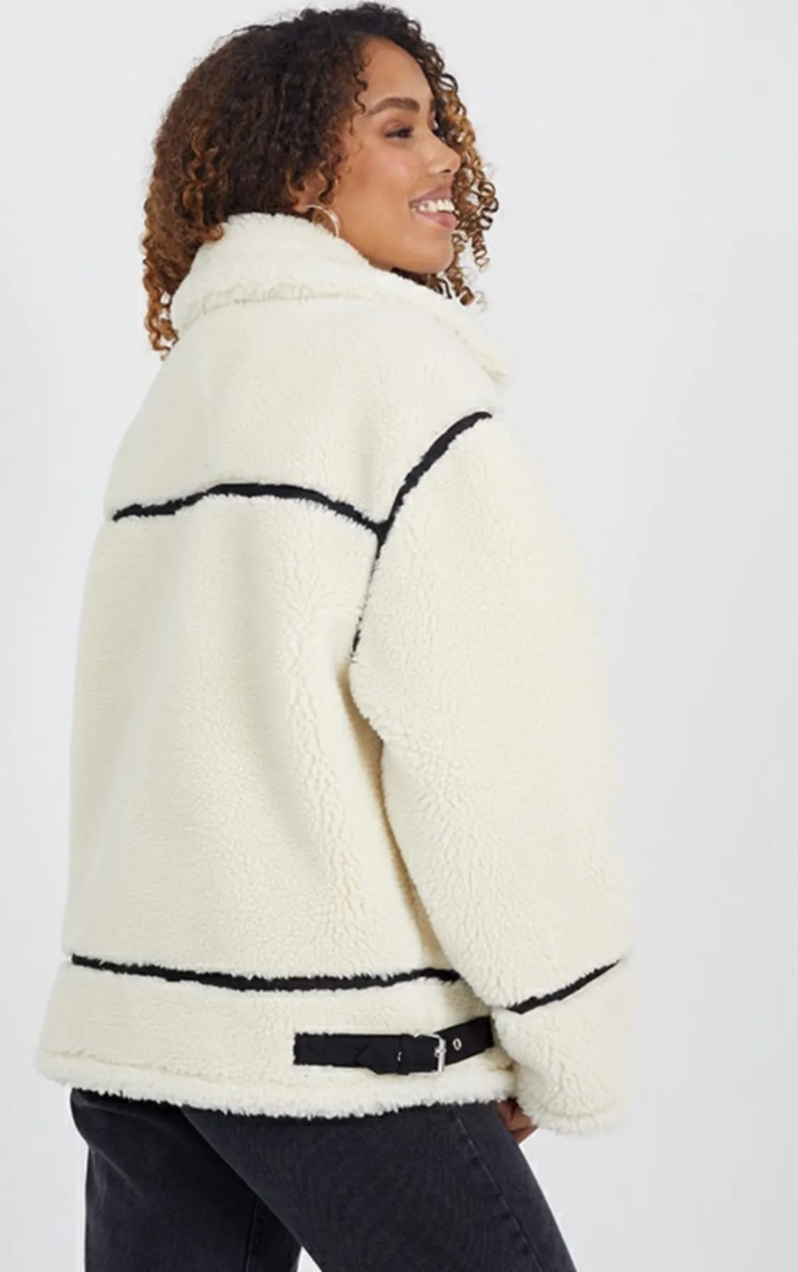 Winter White Faux Shearling Fur Aviator Style Jacket