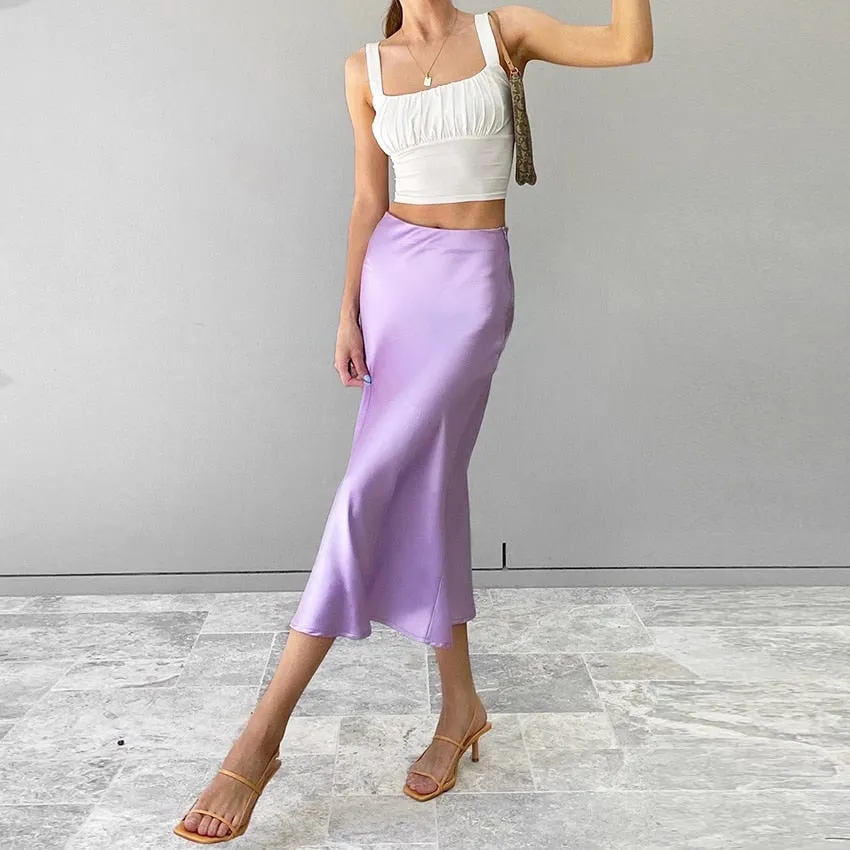 Wjczt  Solid Purple Satin Silk Skirt Women High Waisted Summer Long Skirt New Elegant Ladies Office Skirts Midi Spring