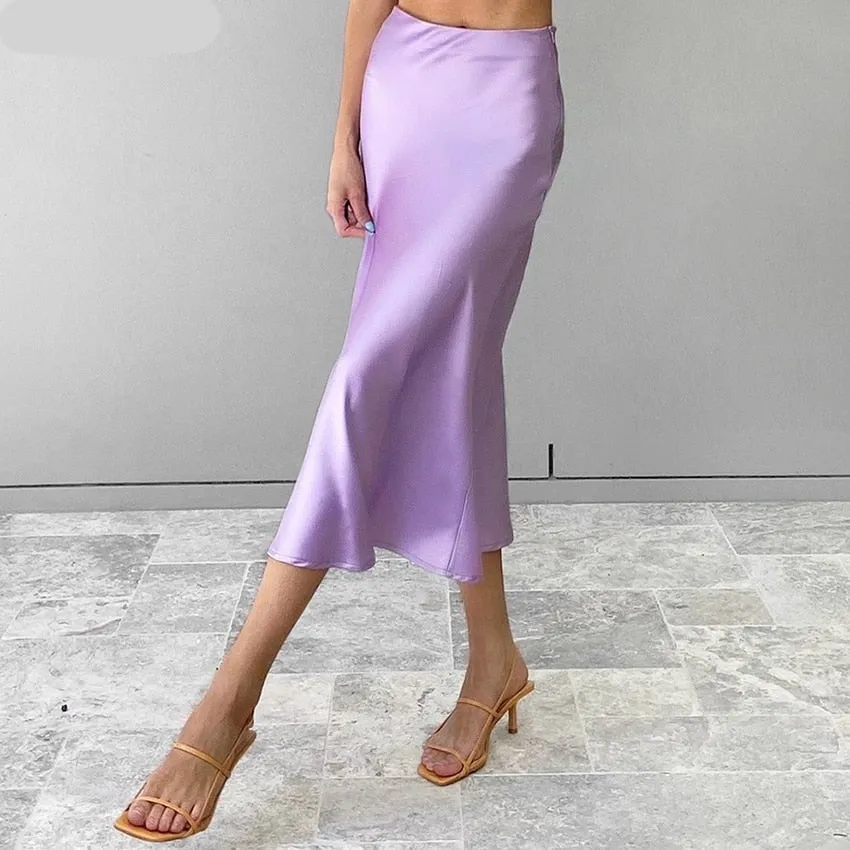 Wjczt  Solid Purple Satin Silk Skirt Women High Waisted Summer Long Skirt New Elegant Ladies Office Skirts Midi Spring