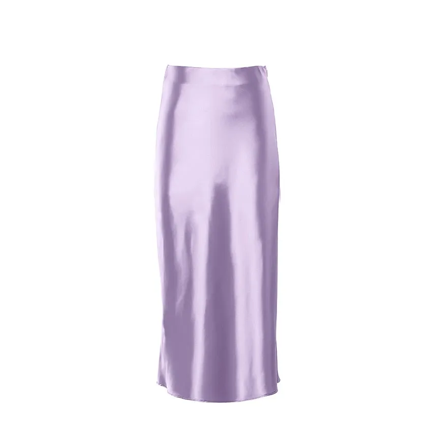 Wjczt  Solid Purple Satin Silk Skirt Women High Waisted Summer Long Skirt New Elegant Ladies Office Skirts Midi Spring