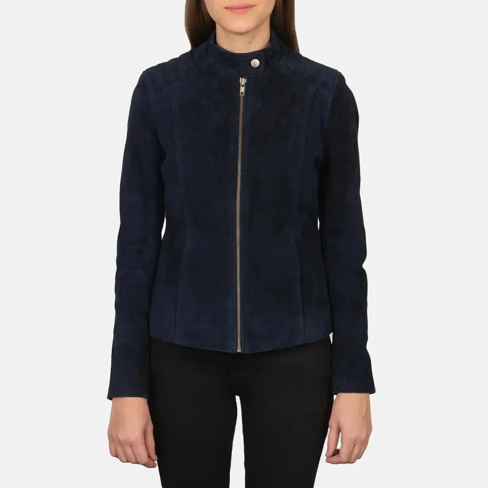 Womens Navy Blue Suede Biker Jacket