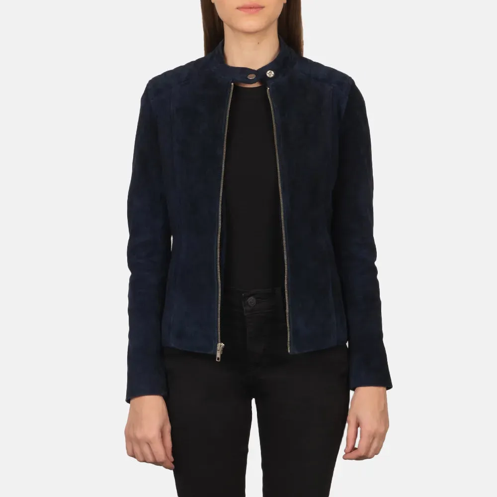 Womens Navy Blue Suede Biker Jacket