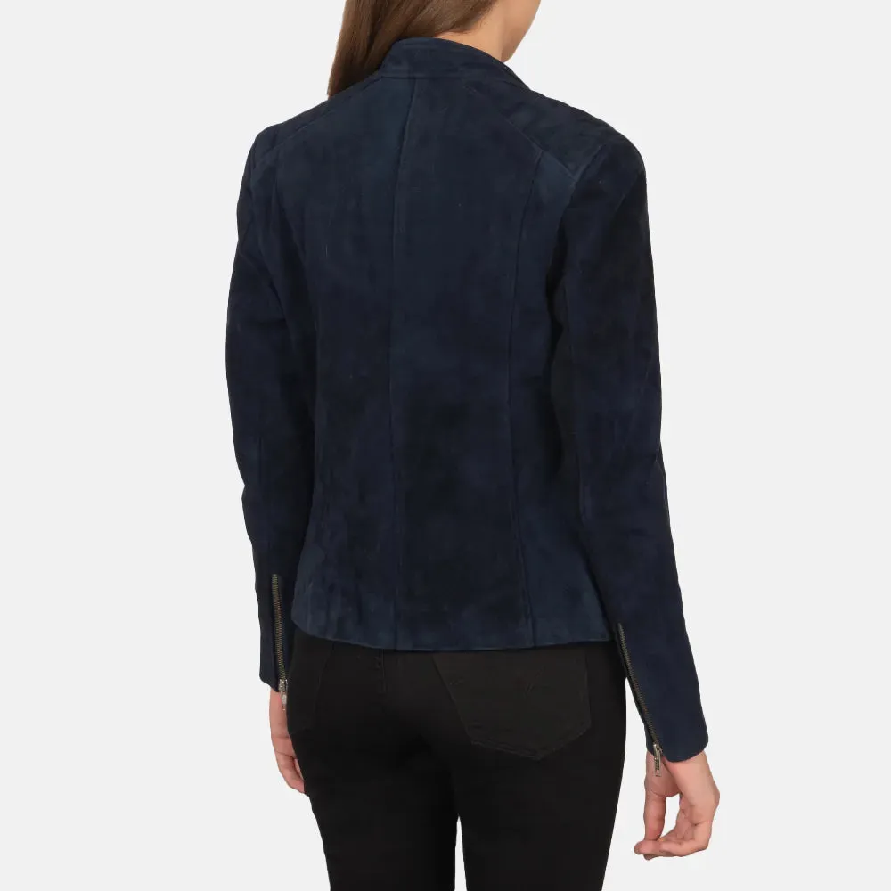 Womens Navy Blue Suede Biker Jacket