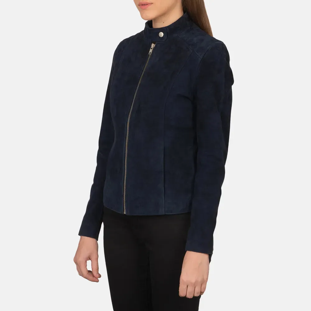 Womens Navy Blue Suede Biker Jacket