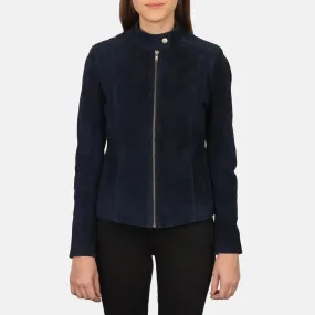 Womens Navy Blue Suede Biker Jacket