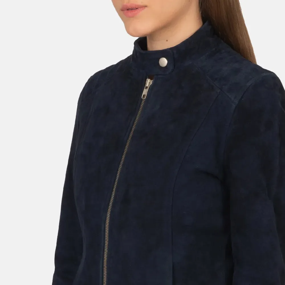 Womens Navy Blue Suede Biker Jacket