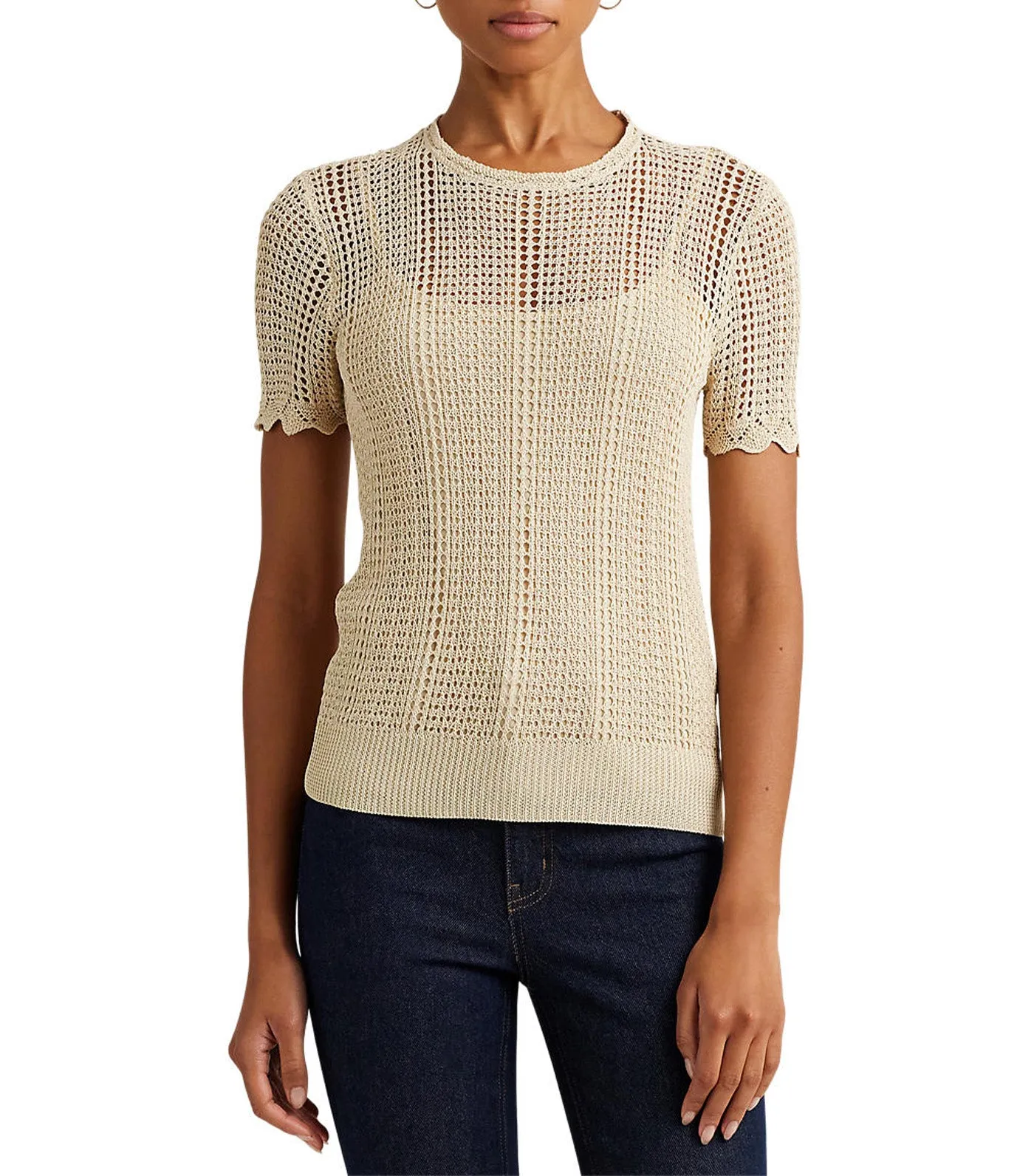 Women's Pointelle-Knit Short-Sleeve Sweater Explorer Sand