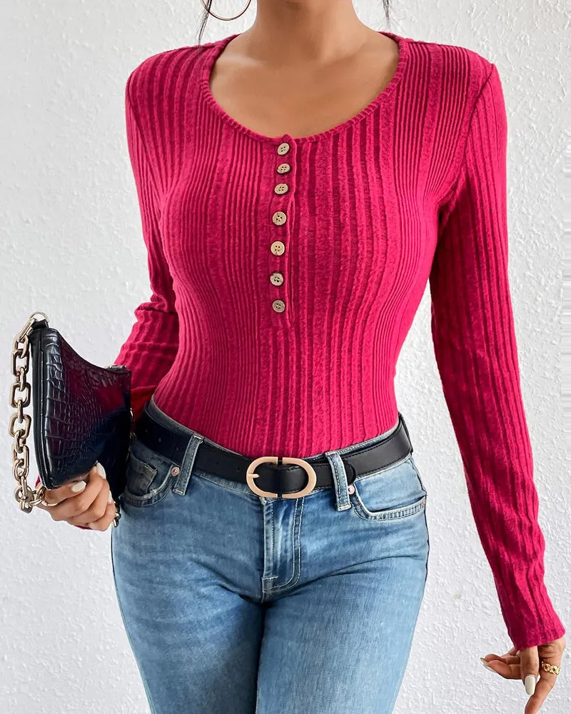 Zeagoo Womens Sweaters Ribbed Knit Slim Fit Long Sleeve Henley Shirts Pullover V Neck Button Basic Tops S-2XL