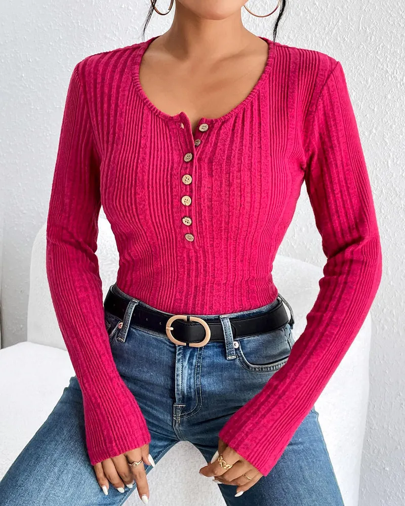 Zeagoo Womens Sweaters Ribbed Knit Slim Fit Long Sleeve Henley Shirts Pullover V Neck Button Basic Tops S-2XL