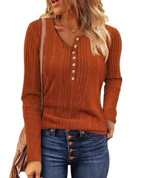 Zeagoo Womens Sweaters Ribbed Knit Slim Fit Long Sleeve Henley Shirts Pullover V Neck Button Basic Tops S-2XL