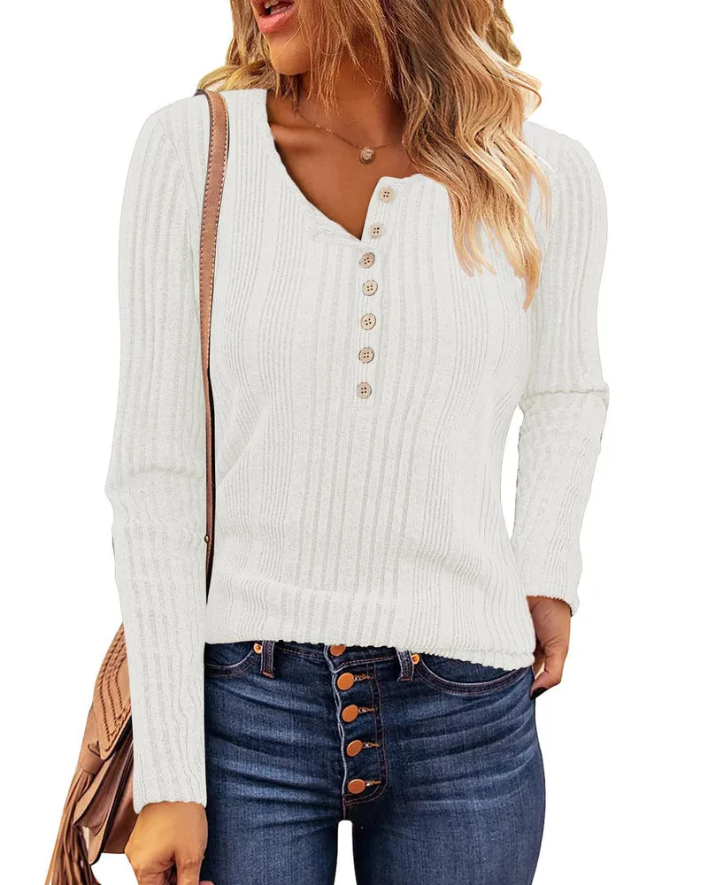 Zeagoo Womens Sweaters Ribbed Knit Slim Fit Long Sleeve Henley Shirts Pullover V Neck Button Basic Tops S-2XL